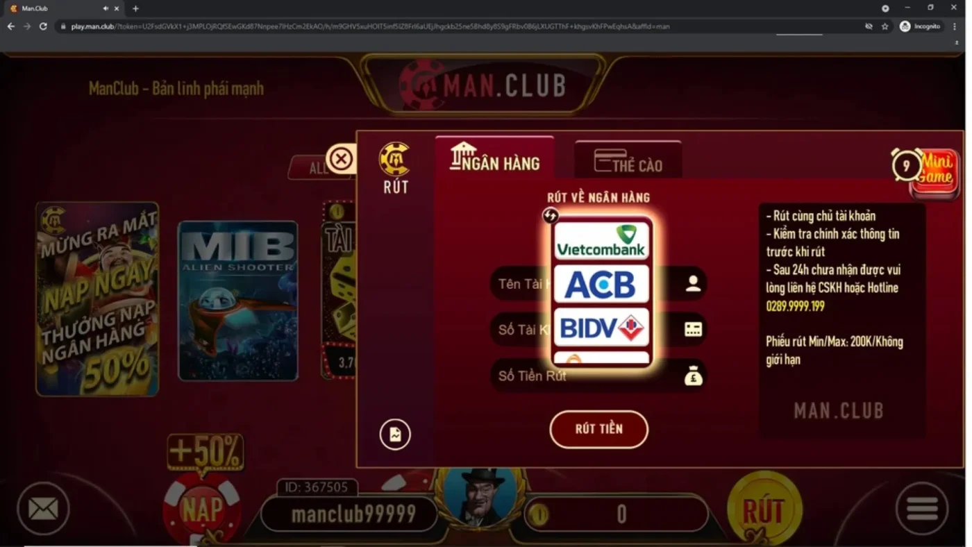 Rút tiền MIB Slots ManClub khi thắng